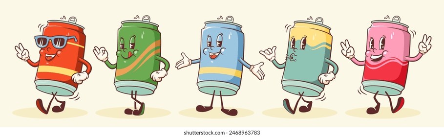 Groovy Soda Can Retro Characters Set. Cartoon Food Beer and Juice Drink Walking and Smiling Vector Fast Food Beverage Mascot Templates Collection Happy Vintage Cool Cold Coffee Illustrations. Isolated