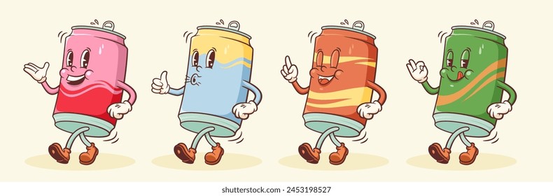 Groovy Soda Retro Characters Set. Cartoon Food Beer and Juice Can Walking and Smiling. Vector Fast Food Beverage Mascot Templates Collection. Happy Vintage Cool Cold Coffee Illustrations. Isolated