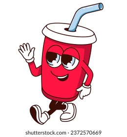 Groovy soda water character vector illustration. Cartoon isolated retro psychedelic sticker of fizzy summer drink in cup with straw, funny happy soda mascot with arms and legs walking, waving