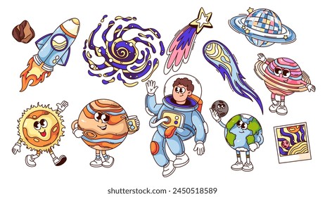 Groovy space cartoon characters set. Funny retro flying star and globe of planet, rocket and spaceman, nebula. Travel in space mascots collection, cartoon stickers of 70s 80s style vector illustration