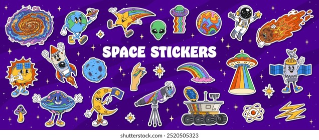 Los personajes espaciales Groovy empaquetan pegatinas que incluyen planetas, astronautas, cohetes, ovnis y cometas, cuerpos celestes, telescopios, rover y objetos espaciales con expresiones divertidas. Parches cósmicos de Vector de dibujos animados