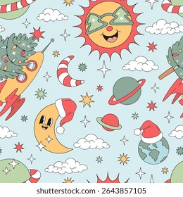 Vetor de Natal do espaço Groovy Padrão de Vetor Sem Costura com Sol em Óculos de Sol em Forma de Árvore, Foguete com Árvore de Natal, Terra e Lua em Santa Hat. Ideal para papel de embrulho festivo, roupas para crianças