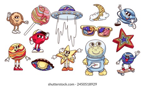 Groovy space and planet cartoon characters set. Funny retro planet of Solar system and flying saucer, crazy star and sunglasses mascots, cartoon astronomy stickers of 70s 80s style vector illustration