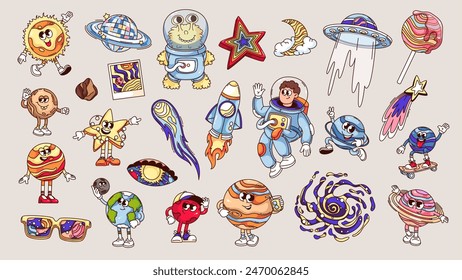 Groovy space and planet cartoon characters set. Funny retro astronaut and rocket, planets of Solar system and alien, astronomy mascots. Cartoon stickers collection of 70s 80s style vector illustration