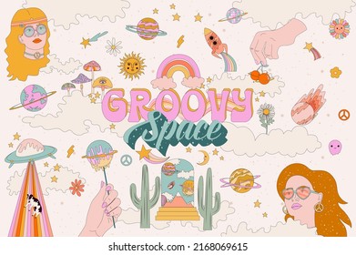 Groovy Space poster with retro space elements, hippie girls, 1970s, pop arts. Editable Vector Illustration
