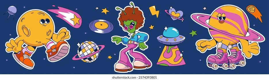 Groovy space stickers set on blue sky background. Contemporary vector cartoon illustration of alien disco dancer, moon and saturn planet characters walking and rollerblading, shooting star, ufo flying