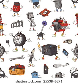 Groovy spare part and tool character seamless pattern. Fabric print pattern with auto spare parts. Seamless backdrop with vehicle engine, battery and wheel, gasket, spark plug groovy characters