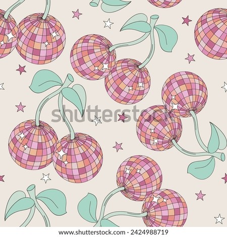 Groovy sparkling cherry berry shape mirror disco ball vector seamless pattern. Retro party 60s 70s 80s cowgirl disco background.