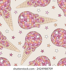 Groovy sparkling ice cream cone shape mirror disco ball vector seamless pattern. Retro party 60s 70s 80s cowgirl disco background.