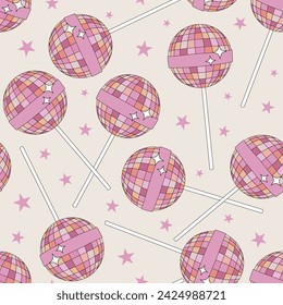 Groovy sparkling lollypop shape mirror disco ball vector seamless pattern. Retro party 60s 70s 80s cowgirl disco background.