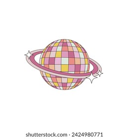 Groovy sparkling mirror disco ball planet saturn shape vector illustration isolated on white. Retro party 60s 70s 80s cowgirl disco print poster postcard design.