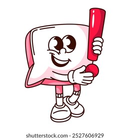 Groovy Sprache Blase Cartoon-Figur mit Ausrufezeichen. Lustiger Retro Chat Nachrichtenballon mit Ausrufezeichen. Überraschung, Quiz-Maskottchen, Cartoon-Aufkleber im Stil der 70er und 80er Jahre, Vektorgrafik