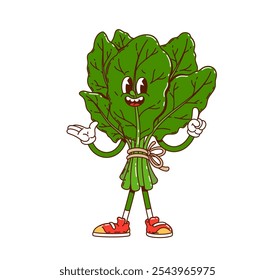 Groovy espinafre vegetal caráter bonito. Comida vegetariana saudável vegetariana cômico groovy vetor caráter. Agricultura produto maduro ou fazenda espinafre orgânico vegetal isolado feliz personagem