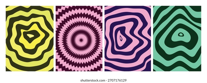 Padrões retrô espiral groovy. Roda Ondulada Fundo De Vetor Psicodélico. Funky Swirl Abstract Twirl Background (em inglês). 