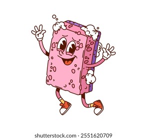 Groovy sponge cleaning, washing and household cartoon character with amusing expression and foam pieces on its pink body. Isolated vector housekeeping tool personage showing retro vibe and excitement