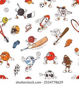 Groovy sport characters seamless pattern with cartoon sport game equipment and items. Vector background of retro groovy football or soccer balls, baseball bats, helmet and racket, hockey stick, puck