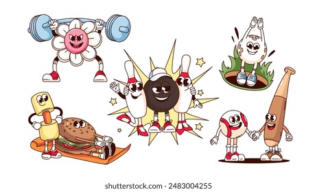 Conjunto de personajes de dibujos animados de equipamiento deportivo. Divertidas bolas retro de golf, boliche y béisbol con bate, mascota de entrenamiento deportivo, pegatinas de dibujos animados colección de estilo de los años 70 y 80 Ilustración vectorial