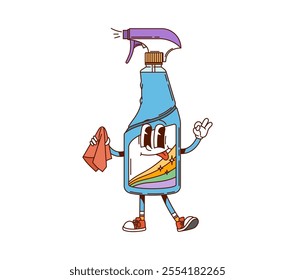 Groovy spray bottle, cleaning, washing and household character with an expressive face and wipe in hand. Isolated cartoon vector detergent flask wearing sneakers ready for spraying and cleanup chores