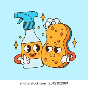 Groovy spray bottle and sponge with soap bubbles and sparkles on a light blue background. Cartoon character illustration. Cleaning and hygiene concept.