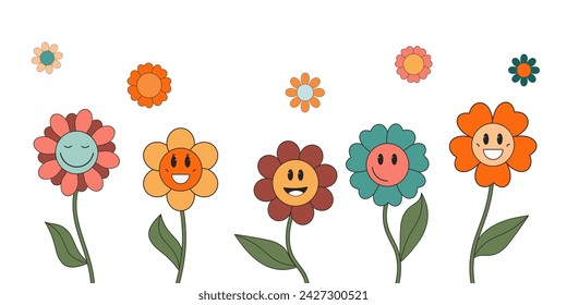 Groovy spring flowers set. Retro 70s. Smiling vintage flowers in hippie style. Set of stickers, elements for design of poster, flyer, scrapbooking, clothing. Vector illustration. 