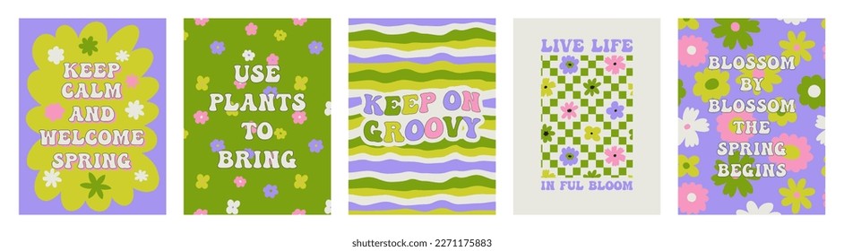 Groovy spring posters. Motivating slogan. Retro print with hippie elements. Vector lettering for cards, posters, t-shirts, etc. 