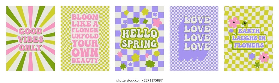 Groovy spring posters. Motivating slogan. Retro print with hippie elements. Vector lettering for cards, posters, t-shirts, etc. 