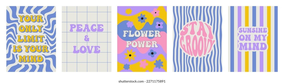 Groovy spring posters. Motivating slogan. Retro print with hippie elements. Vector lettering for cards, posters, t-shirts, etc. 