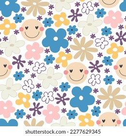 groovy springseamless pattern with cartoon flowers, peace sign. retro style, vector illustration. hand drawing. design for fabric, print, wrapper, textile