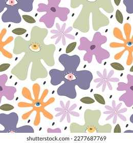 groovy springseamless pattern with cartoon flowers. retro style, vector illustration. hand drawing. design for fabric, print, wrapper, textile