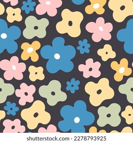 groovy springseamless pattern with cartoon flowers. retro style, vector illustration. hand drawing. design for fabric, print, wrapper, textile