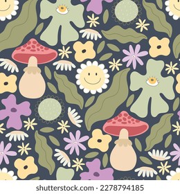 groovy springseamless pattern with cartoon flowers, mushrooms, peace sign. retro style, vector illustration. hand drawing. design for fabric, print, wrapper, textile