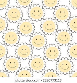groovy springseamless pattern with cartoon flowers. retro style, vector illustration. hand drawing. design for fabric, print, wrapper, textile