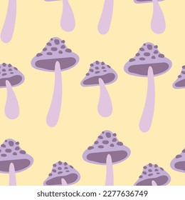 groovy springseamless pattern with cartoon mushrooms. retro style, vector illustration. hand drawing. design for fabric, print, wrapper, textile