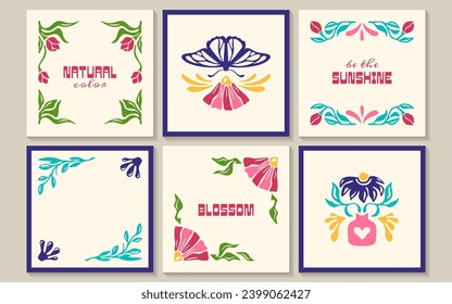 Groovy square posters with groovy butterfly, flowers in vase, botanical elements in matisse style. Trendy banners with abstract blossom and contemporary organic plants. Modern naive interior frames.