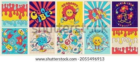 Groovy square seamless pattern, funky poster, 70's stickers . Retro print with hippie motivational slogan. Character concepts of crazy sun, dripping emoticon, fun peace symbol, groovy mushroom.