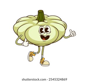 Groovy squash pumpkin vegetable character with a big happy smile and expressive eyes. Isolated cartoon vector cheerful, healthy, farm veggie food personage wearing sneakers, happily giving thumbs-up