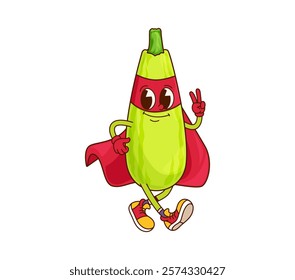 Groovy squash superhero vegetable character. Isolated cartoon vector funny veggie in red defender cloak and mask flashing peace sign. Fairytale or comics book healthy vitamin food retro personage