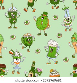 Groovy St Patrick day food and drink characters pattern for Irish holiday, vector background. Cartoon groovy donut and cake in leprechaun hat and green ale beer for Saint Patrick pattern background