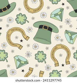 Groovy St Patrick green lucky objects leprechaun hat horseshoe diamond four leaf clover vector seamless pattern. Retro 60s 70s Saint Patricks Day holiday background.