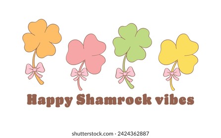 Groovy st patrick's day banner with colorful shamrock clover leaf cartoon doodle drawing.