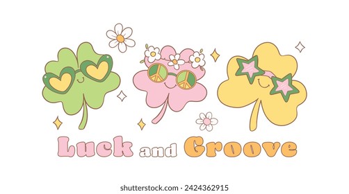 Groovy st patrick's day banner, cute disco clover leaves shamrock group cartoon doodle drawing.