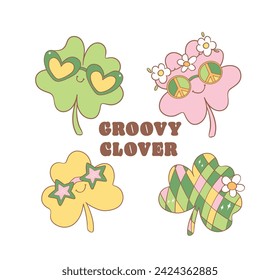 Groovy st patrick's day, cute disco 4 and 3 leaf clover cartoon doodle drawing.