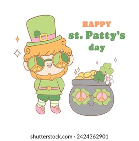 Groovy st patrick's day, cute retro leprechaun with pot of coin cartoon doodle drawing.