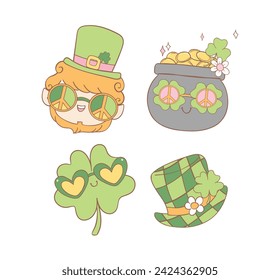 Groovy st patrick's day elements with leprechuan, pot of coin, clover leaf and hat cartoon doodle drawing.