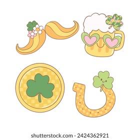 Groovy st patrick's day elements with leprechuan, beeer, horseshoe, coin cartoon doodle drawing.