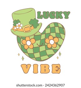 Groovy st patrick's day, green disco heart with hat and clover leaf cartoon doodle drawing.