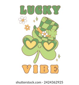 Groovy st patrick's day, green lucky clover leaf with hat cartoon doodle drawing.