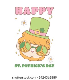 Groovy st patrick's day, happy leprechaun face cartoon doodle drawing.