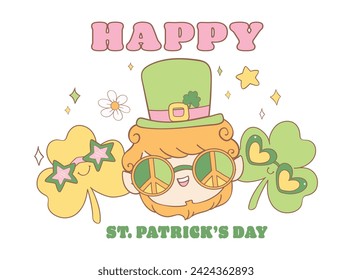 Groovy st patrick's day, happy leprechaun face and clover leaves shamrock cartoon doodle drawing.
