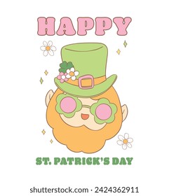 Groovy st patrick's day, happy leprechaun face cartoon doodle drawing.